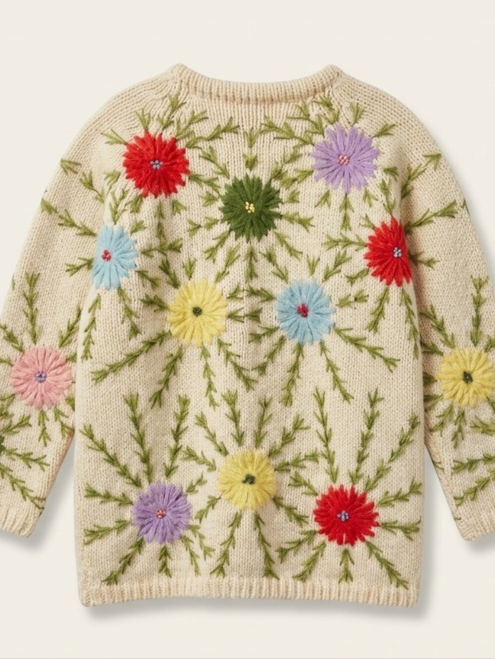 Vintage Hand Loomed 100% Virgin Wool Embroidered Floral Sweater M Boho - Picture 3 of 4